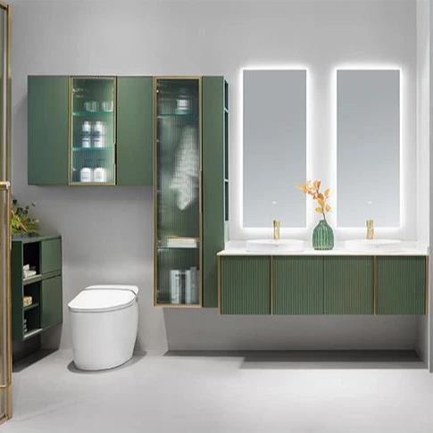 Modern luxury double sink floating bathroom vanity cabinet set design in green