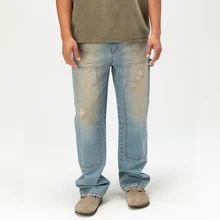 Distressed Mud Washed Relaxed Fit Men's Jeans Y2K Streetwear Straight Denim Trousers Double Knee Carpenter Denim Jeans