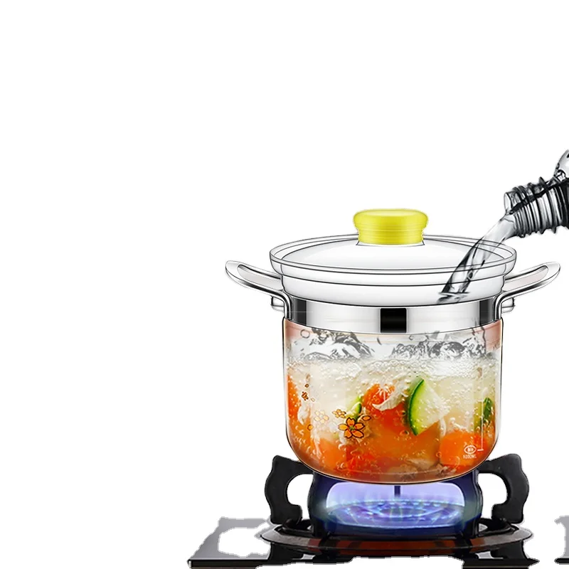 Newly designed borosilicate transparent glass cooking pot set with stainless steel handle