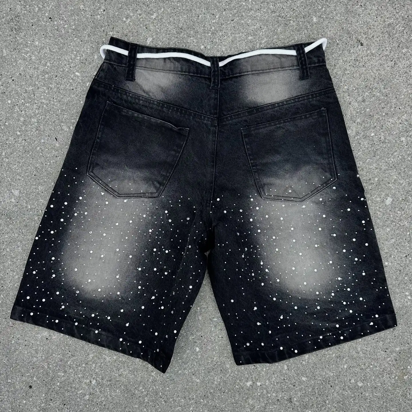 Custom Streetwear Denim Shorts Distressed Embroidery Patch Rhinestone Flared Jorts Jeans Shorts Men gallery 5