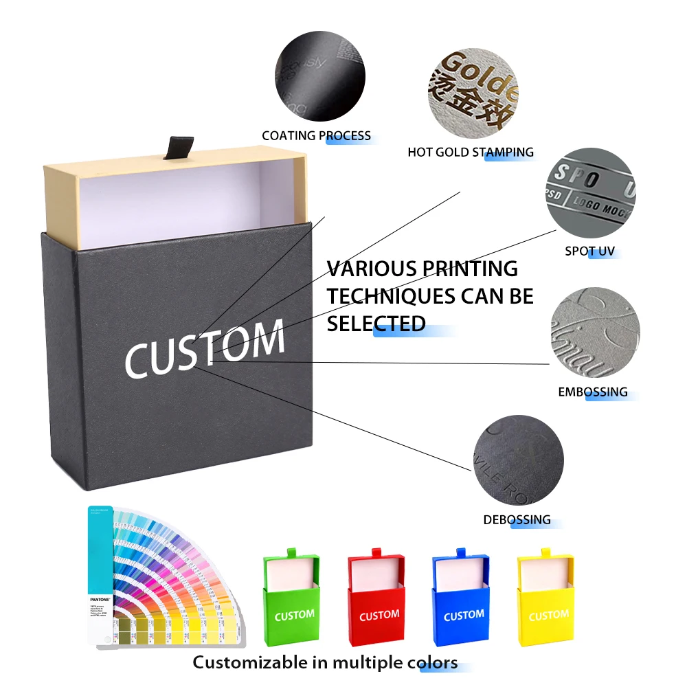 علبة سحب فاخرة مخصصة للخواتم، مصنوعة من ورق مقوى صلب بدرج، مع طباعة الشعار وتغليف لامع غير لامع (مات) لتغليف المجوهرات