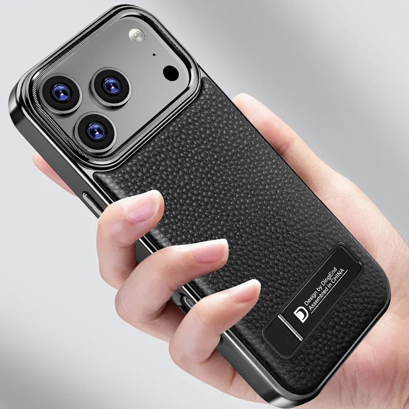 Business Electroplated PU Leather Magnetic Phone Case for iPhone 17 13 14 15 16 Pro Max 17 Air With Metal Stand Protective Cover