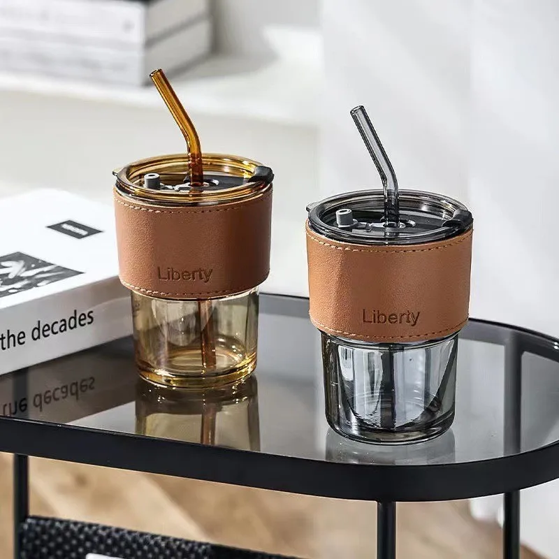 Modern and Classic Style Glass Coffee Cup with Lid and Straw Eco-Friendly and Sustainable for Tea Drinkware