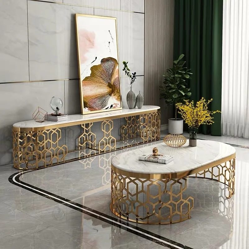 Modern Cheap Coffee Tables Luxury Home Furniture Living Room Gold Stainless Steel Frame Marble Top Round Coffee Table Set Set