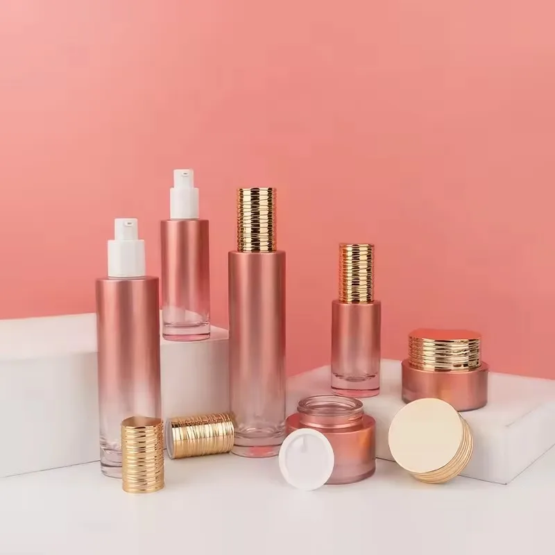 Cylinder sprayer container lotion toner cream serum packaging set gold cap cosmetic luxury skincare packaging set manufacture