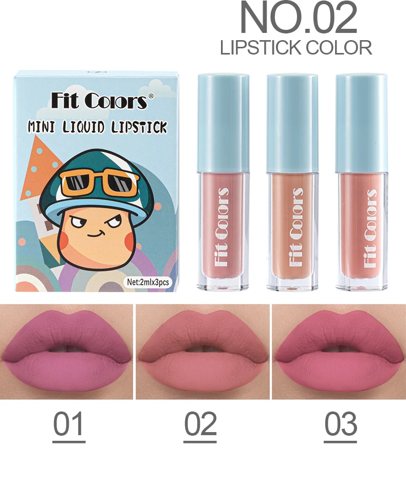 Fit Colors 3Pcs/set Mini Matte Velvet Lip Gloss Waterproof Long-lasting Matte Liquid Lipstick Cosmetic Beauty 24 Hours Makeup