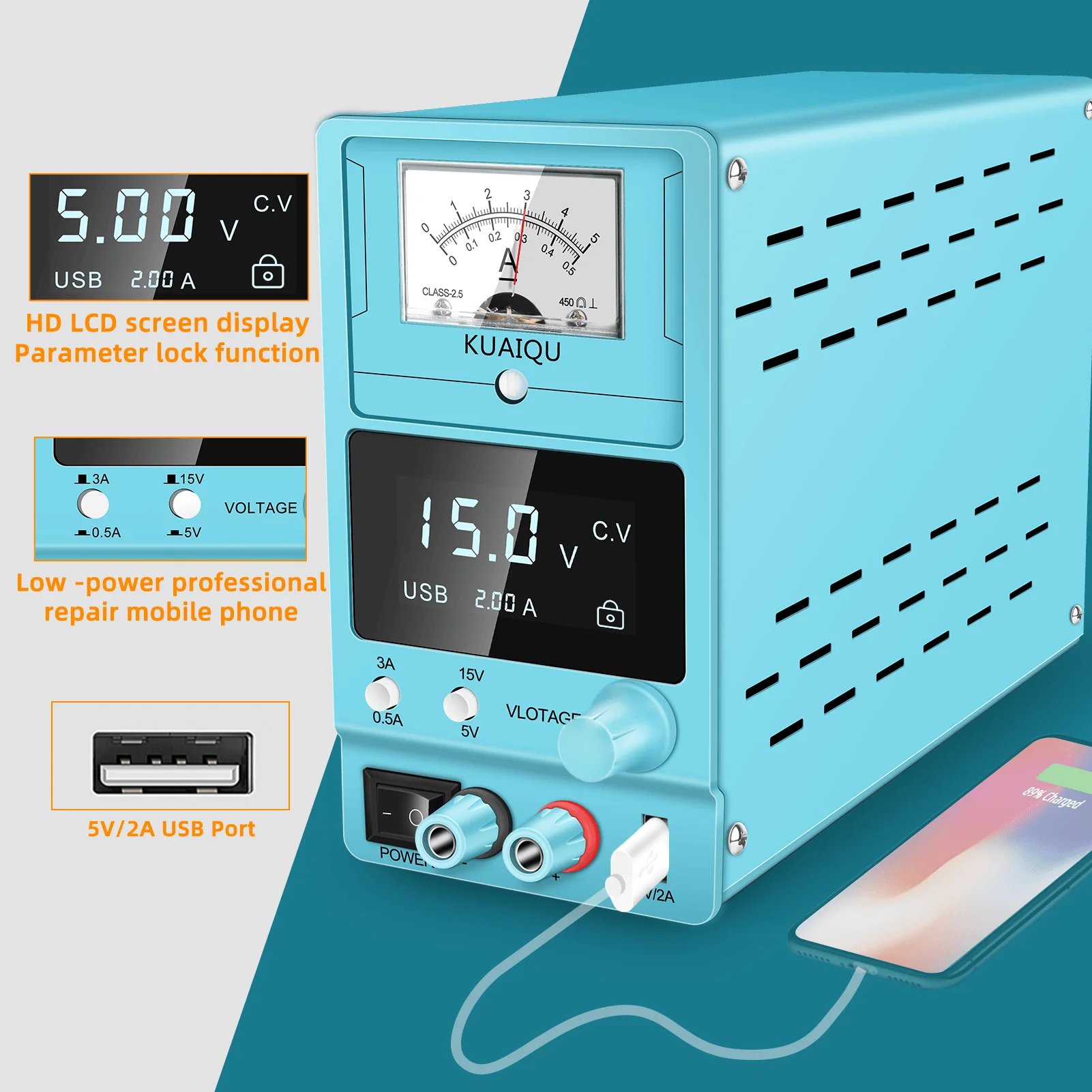 Adjustable 15V 3A Linear DC Power Supply Analog-Digital Display Large Transformer for Phone Repair Lab Source 45W Output 220V