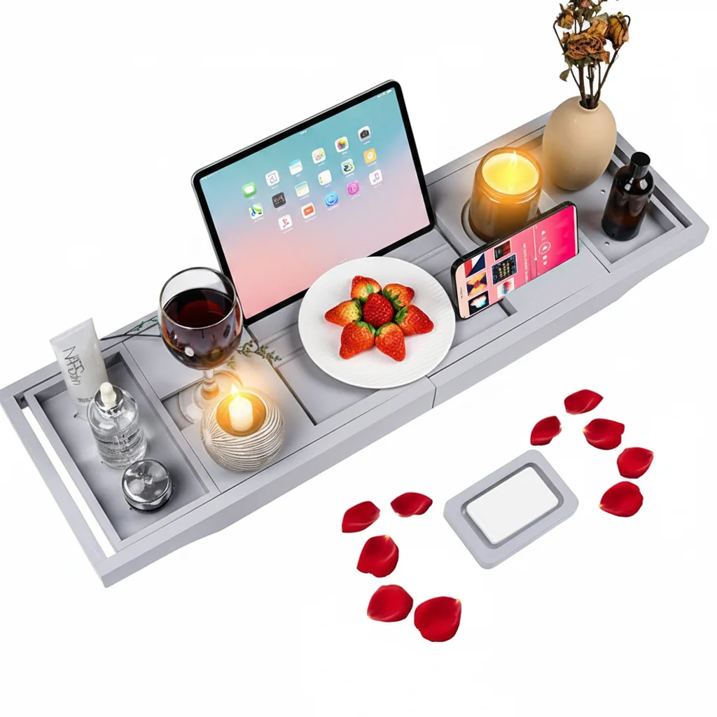 Expandable Eco-Friendly Two-piece Bamboo Bath Tray Bathtub Caddy Solid Book Stand Wine Holder for Home Spa Relaxation Reading