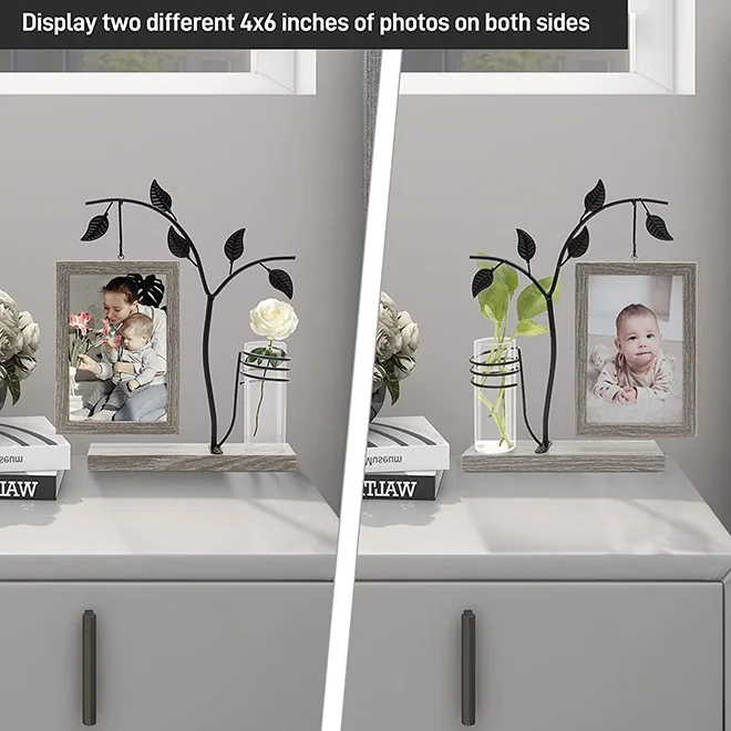 NUOVO Portafoto 4x6 per Piante in Vaso, Supporto in Metallo, Cornici da Scrivania con Vaso Decorativo, Esposizione Bifacciale