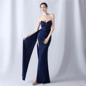 Empire Waist Strap Chiffon Bow Handmade Fishbone Cinched Beaded Evening Party Dress