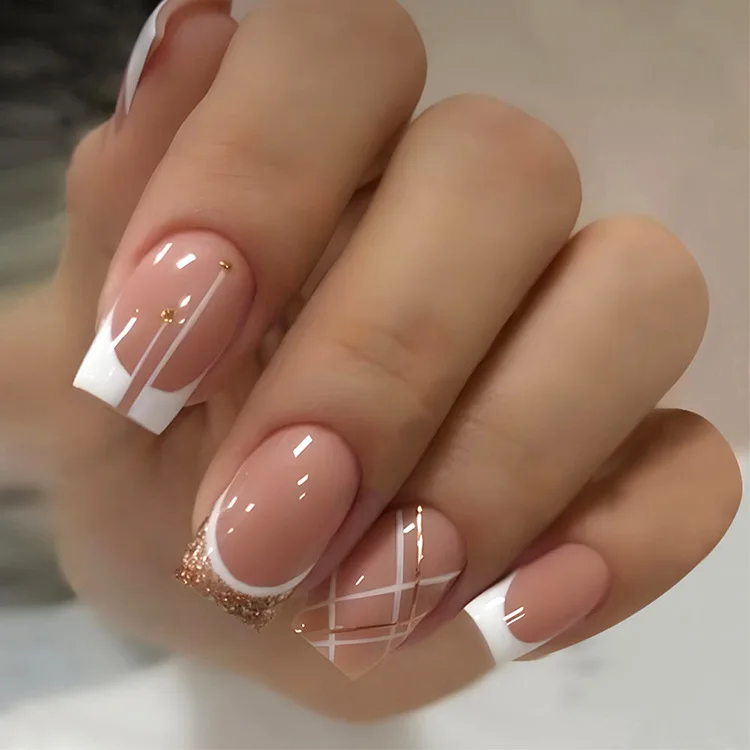 Nail Artificial Short Tips Diamond Press on Nails Full Cover Fake French Nails Set