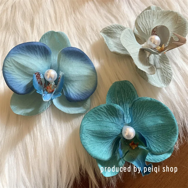 Simulated Iris Butterfly Orchid Pearl Duck Bill Clip Holiday Photography Beach Hair Accessories