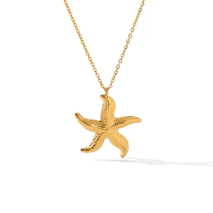 MW Stainless Steel Tarnish Free Women's Minimalist Ocean Themed 18K Gold Plated Starfish Pendant Necklace with Chains