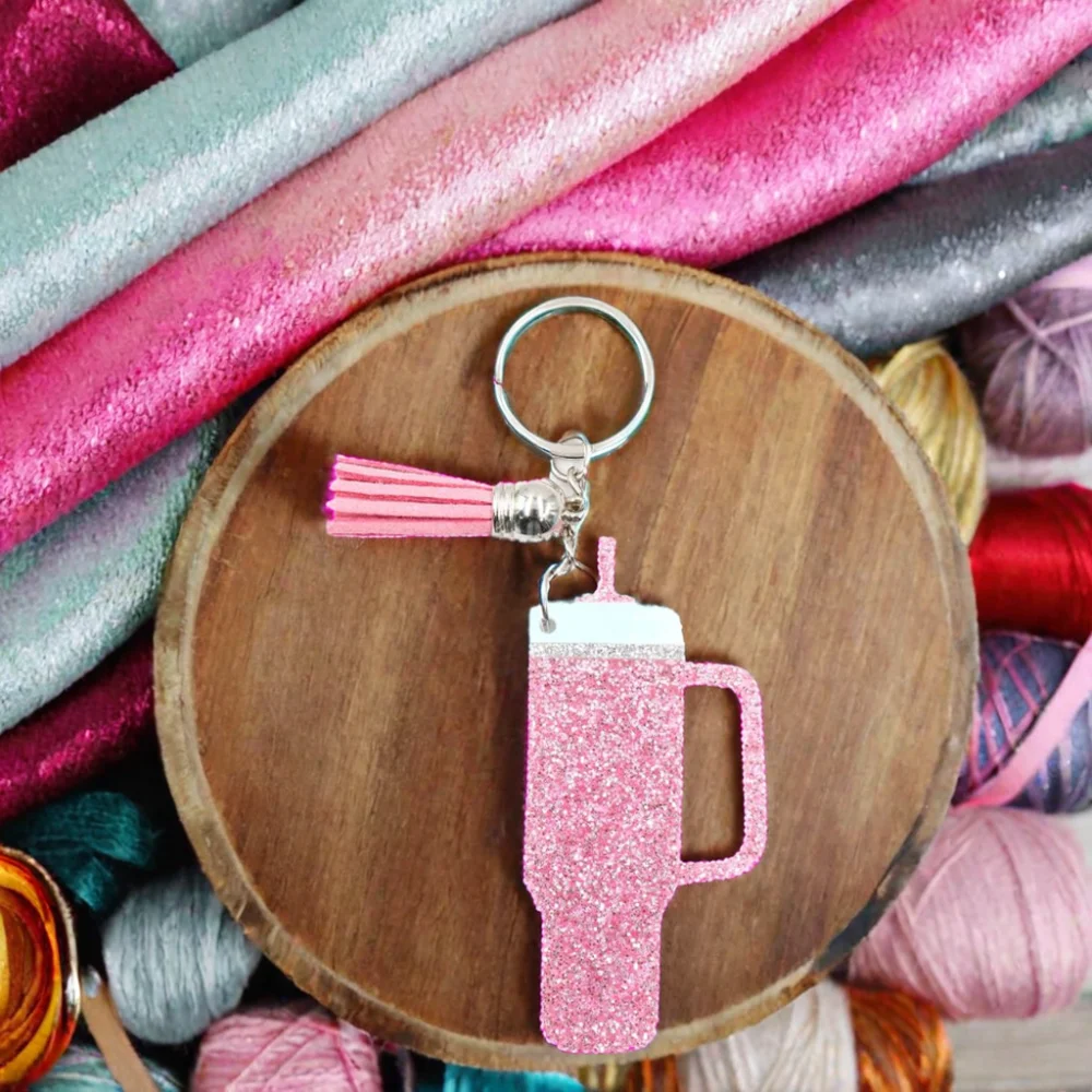 KH1345 Handmade Girl's Pink Shiny Acrylic Tumbling Cup Keychain with Long Chain UV Printed Gift Keychain supplier