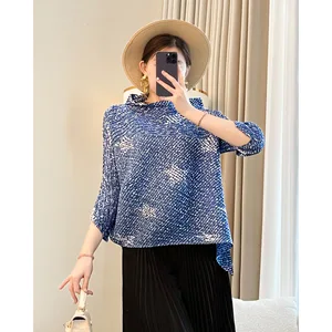 Women's Elegant Loose Seven-Sleeve T-Shirt for Summer 2026 New Slim-Fit Short Top Large Size Casual Style Woven Solid Color
