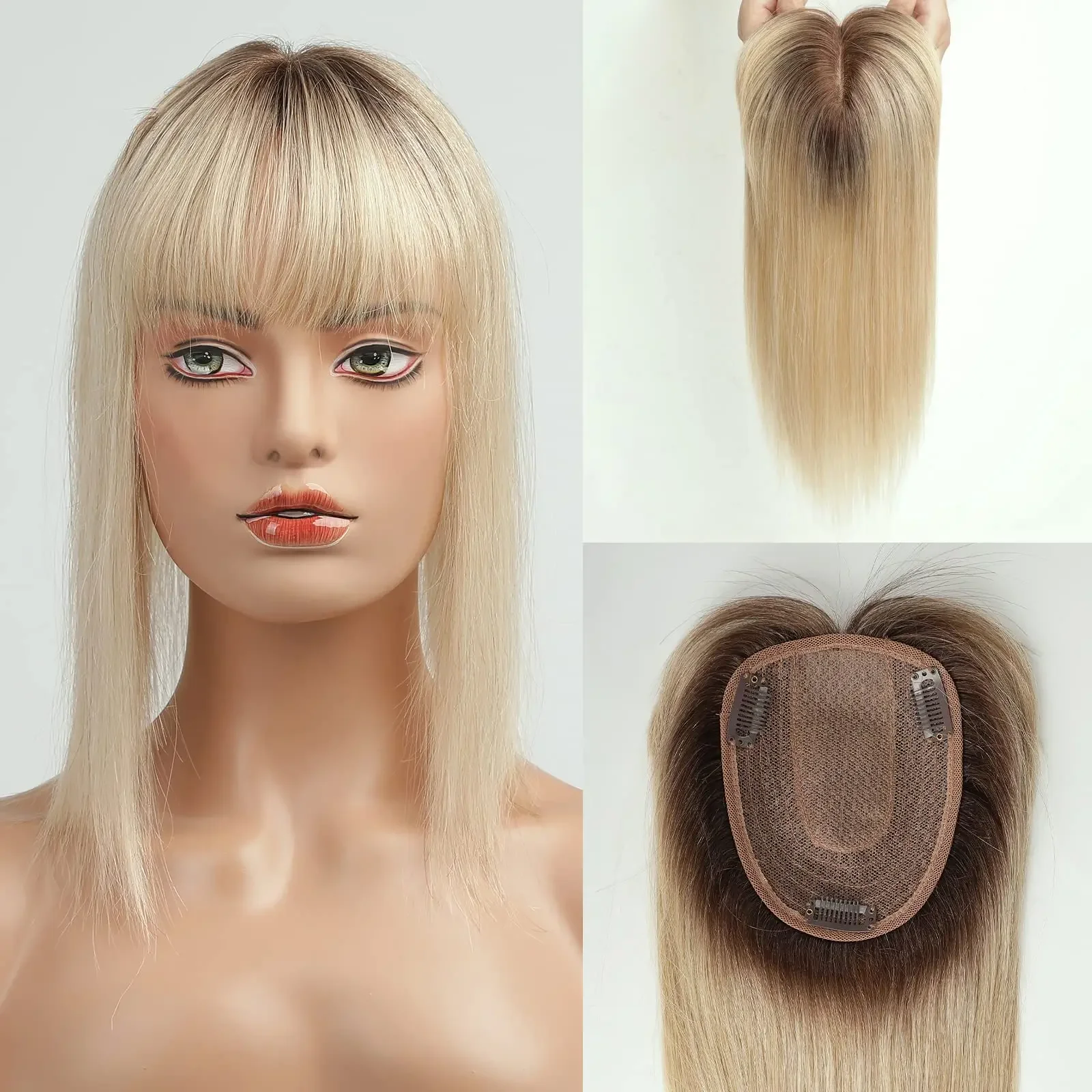100 % remy-hårtoppere med pannelugg, honningblondt hår, silkebase, klips i topper, topphår for kvinner med tynt hår_voghion.com