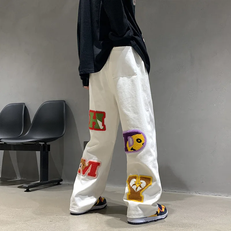 Jogger Men's Straight White Black Slacks Big Pattern Towel Casual Lightweight 100% Cotton Hip Hop High Street Pants