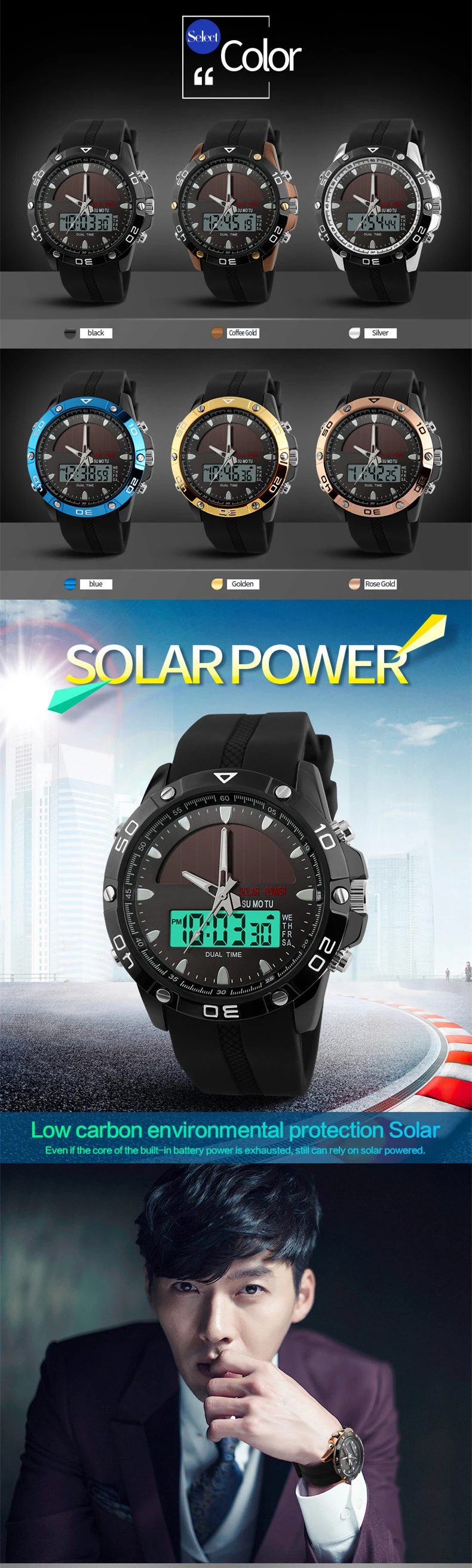 Men's Quartz Digital Watch - Solar Powered & Water Resistant