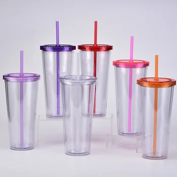FH Reusable Milk Coffee Double Wall Plastic Cup 16Oz Colourful Lid Straw Best Quality 24Oz 700Ml Water Bottles