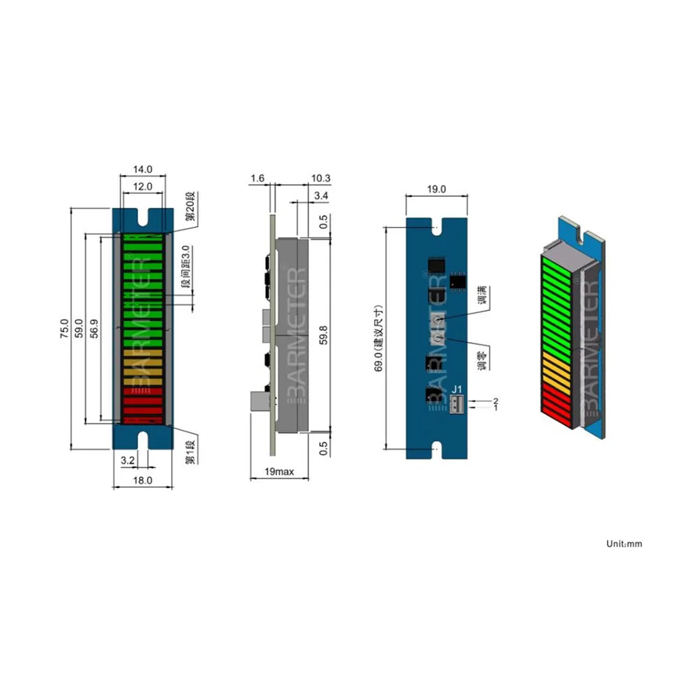 Produktbild von 32-Segment LED VU Meter – 24 Grüne + 8 Rote LEDs, AGC-Modus, Reaktionsgeschwindigkeit Einstellbar, 7-12V, Für Audio-Analysator Und Soundvisualisierung