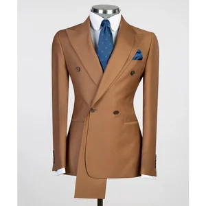 Factory Customized Brown Men Suit Double Breasted 2-Piece Blazer Pants Business Office Formal Party Slim Fit Polyester/Rayon