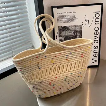 Factory Wholesale 2024 All-match Tote Cotton Thread Textile Straw Basket Large Capacity Summer Pouch Handbag Beach Bag For Women