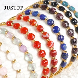 Vintage Lucky Gift Women's Trendy Geometric Gold Plated Red Black Agate Enamel Green Aventurine Beaded Bracelet