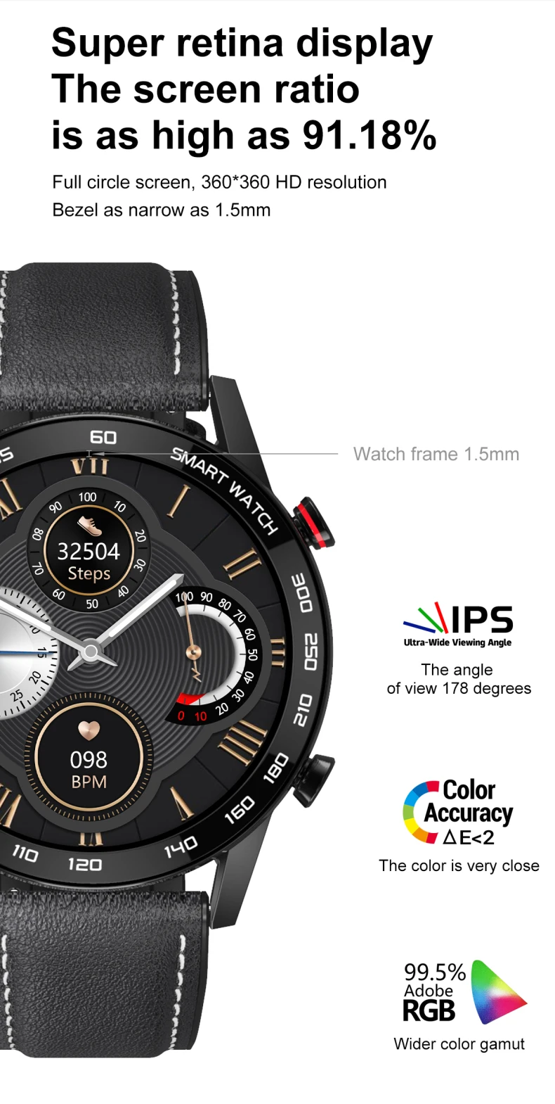 NO.1 Smart Watch DT95t/DT95 Pro/DT95Pro with Super retina display, The screen ratio is as high as 91.18% - Full circle screen, 360*360 HD resolution, Bezel as narrow as 1.5mm.jpg
