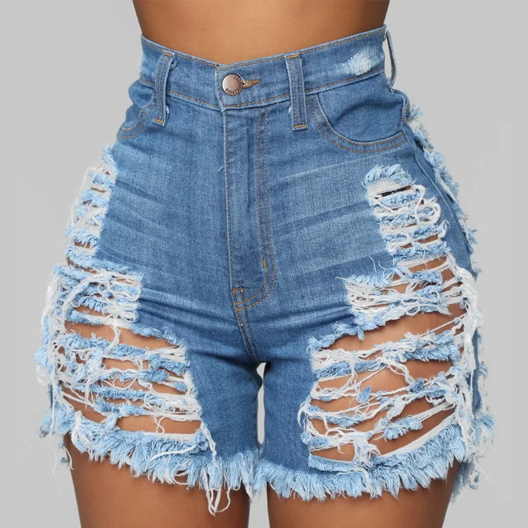 sexy atacado personalizado azul lavagem alta cintura jeans shorts com  bainha crua angustiado rasgado jeans shorts mulheres denim