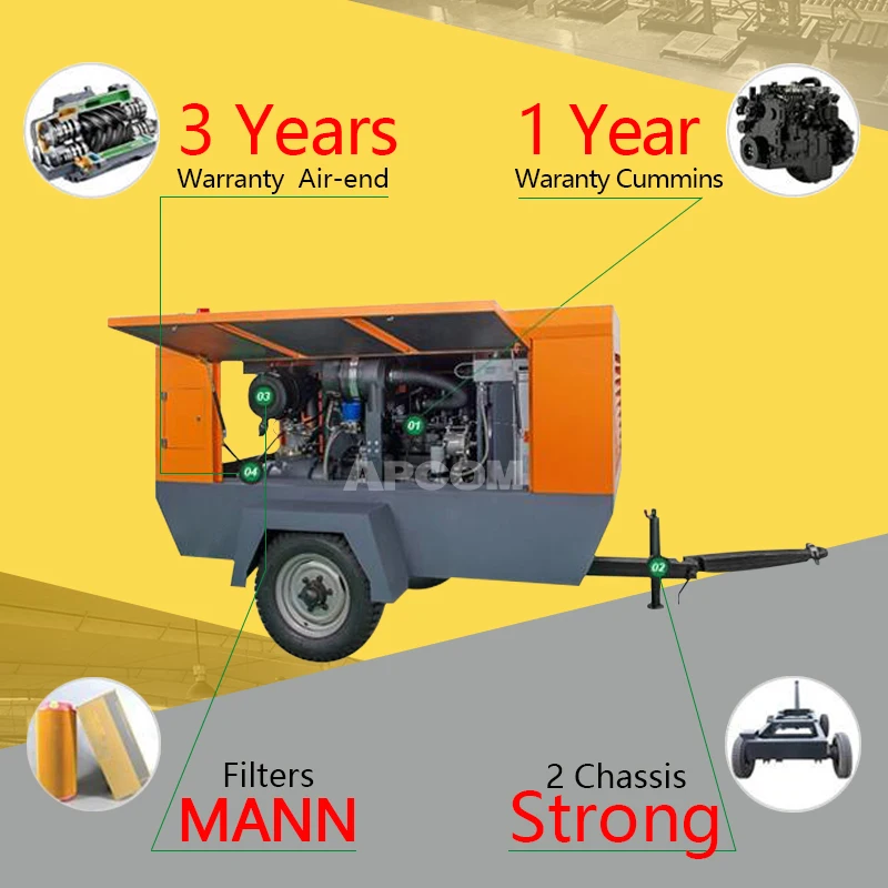 APCOM EPA Kubota 8bar 185cfm Diesel Engine Screw Air Compressor 185 Cfm Air-compressors 7 8 10 bar Aircompressor 5m3 7bar 10bar