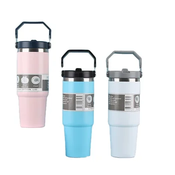 Custom Logo 30 oz Travel Coffee Mug Stainless Steel Water Bottles 30oz Thermos Cup Flip Straw Tumbler with Handle for Gym Sports