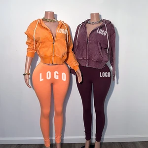 Huili Custom High Quality Two Piece Vintage Acid Wash Loungewear Outfits Matching Set Zipper Hoodie & Leggings Activewear Women