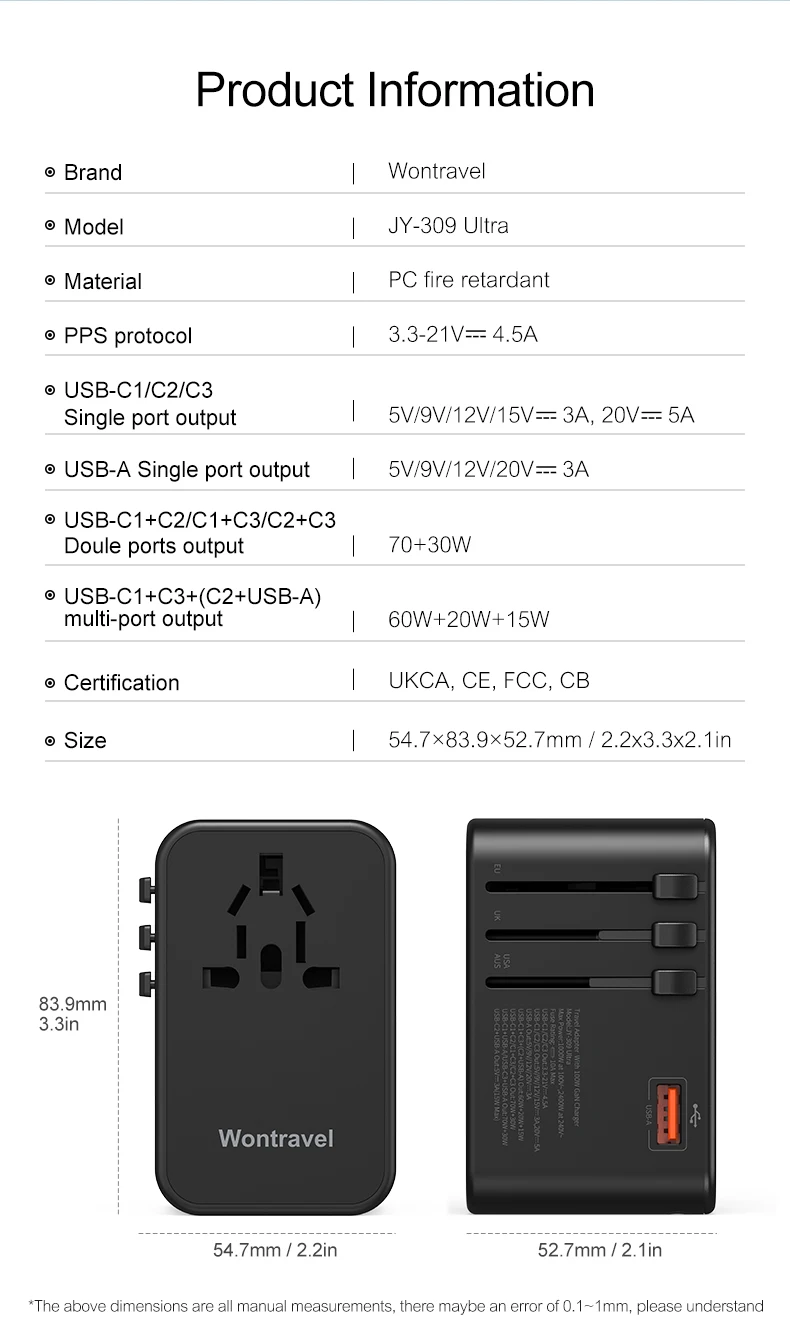 Wontravel 4 Port Gan Super Charging Travel Adaptor World Plug Universal Travel Adapter 100w With 6388