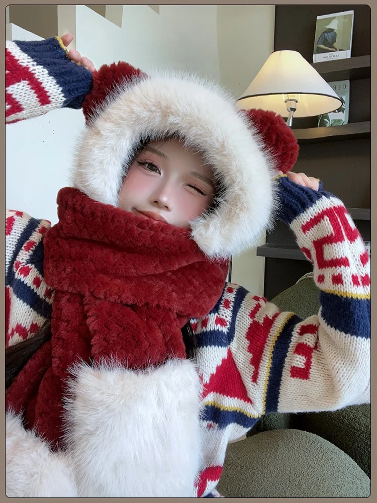 Women's Winter Cycling Gloves and Scarf Combo with Cute Bear Ear Velvet Faux Fur Warm Outdoor Protective Hat