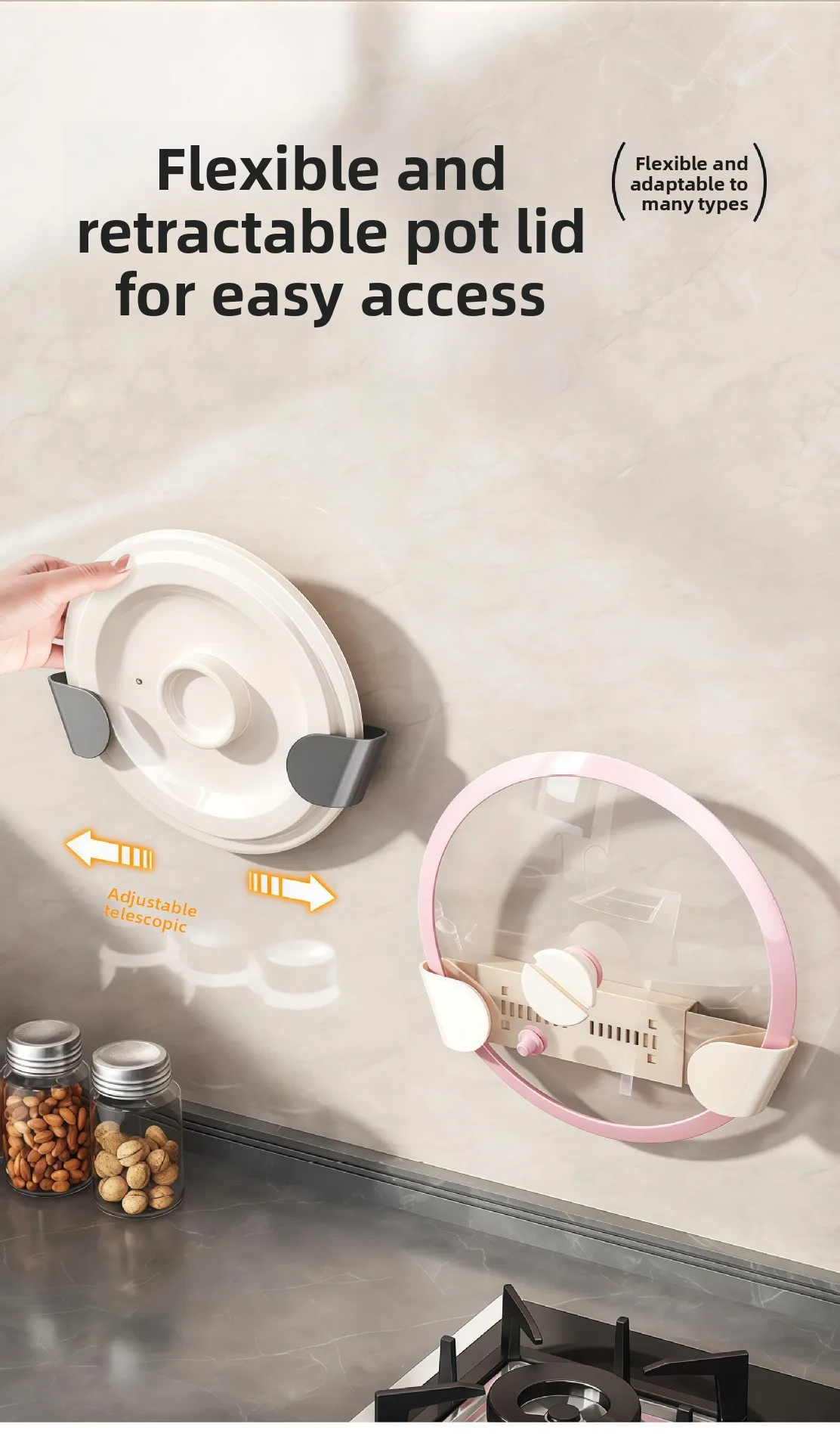 Retractable Punch-Free Wall-Mounted Plastic Pot Cover Rack Creamy Style Multi-Purpose Kitchen Storage Chopping Board Rack