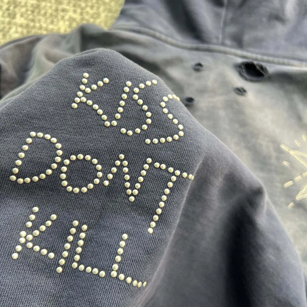 SALATI Manufacture Heavy Weight Cotton Graphic Hoodies Custom Vintage Washed Men Embroidered Pullover Sunfaded Rhinestone Hoodie gallery 4