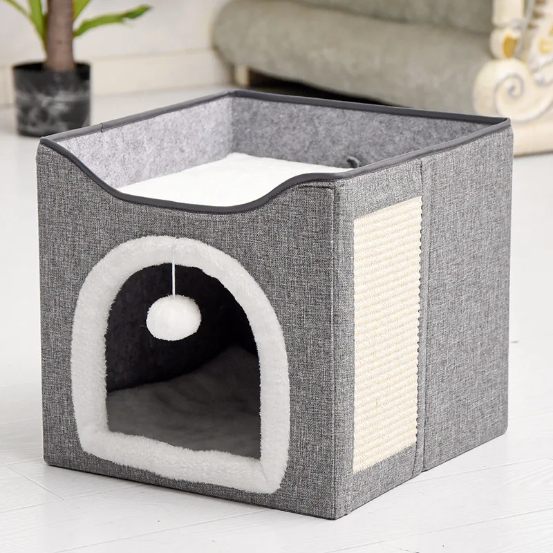 Novidade, casas de luxo plegables de tres pisos, estera moderna de felpa para fiestras, cama para gatos, cova con estera para rascar de cáñamo de Sisal