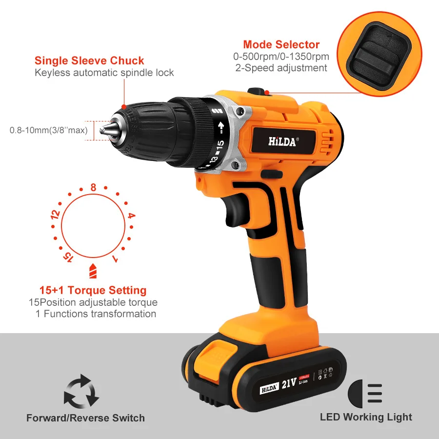 Hilda 21V Power Drills Set Hand Drilling Dril Machine Impact Driver Cordless Charging Electric Drill