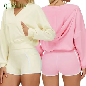 Streetwear Casual Long Sleeves V-Neck Sweatshirt Loose Sporty Top Fashion Hoodie Gym Running Jacket Women Outerwear