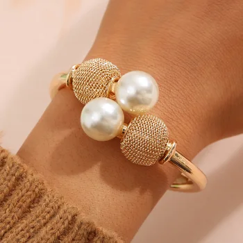 Pearl opening bracelet exaggerated for women retro imitation double ball fashion jewelry bracelet