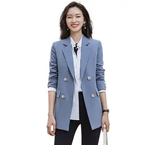 High Quality Notched Lapel Blue Business Woman Suit Double Breasted 2 Buttons Mid Long Office Medium Length Womens Suits