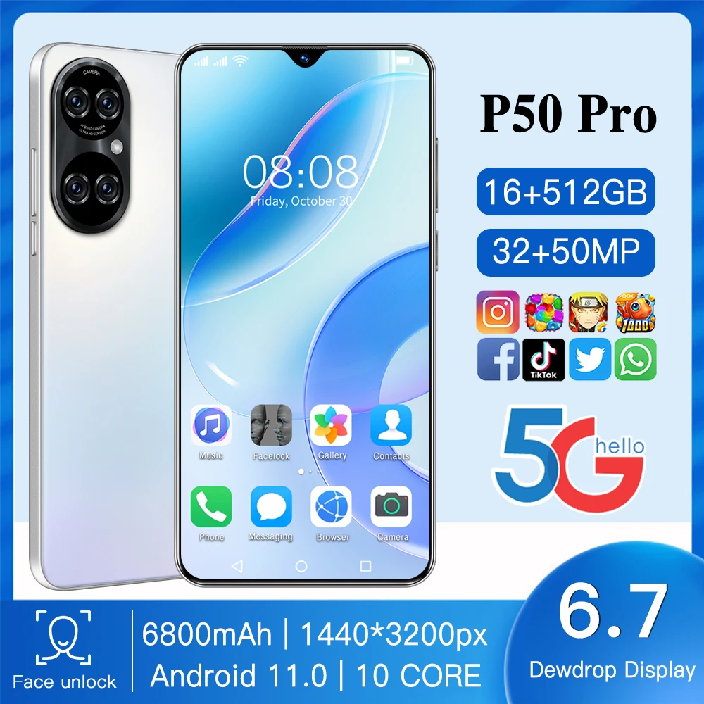 
Лидер продаж, глобальная версия смартфона высокого качества P50 Pro, мобильный телефон 4G 5G 512 ГБ, Оригинальный разблокированный телефон Android 