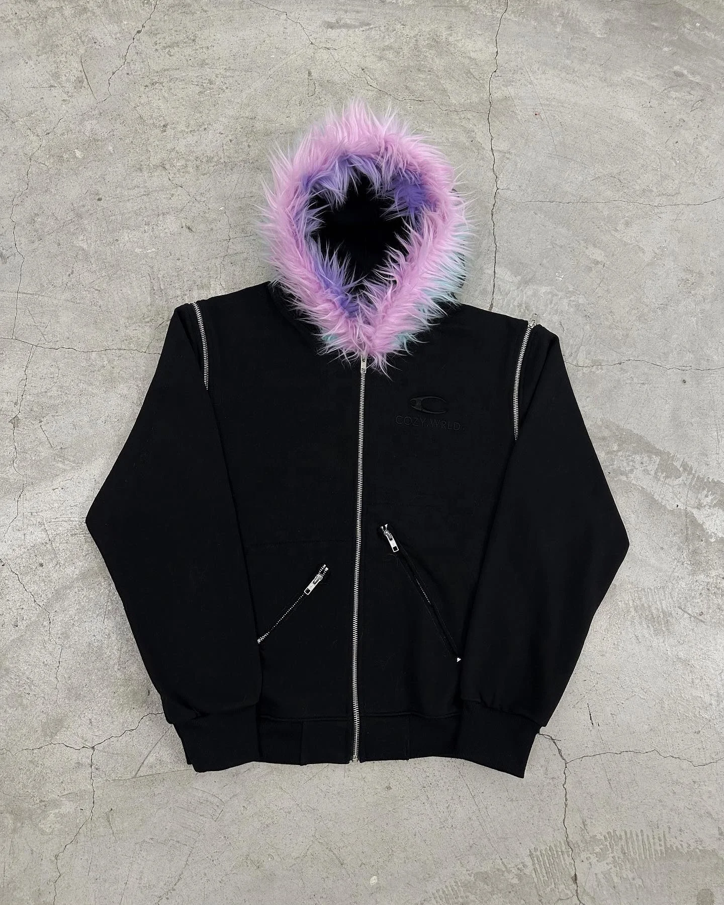 Customized Street Wear Oversized Blank Detachable Sleeve No String Cotton French Terry Zip up Faux Fur Hood Jacket Hoodie Men gallery 2