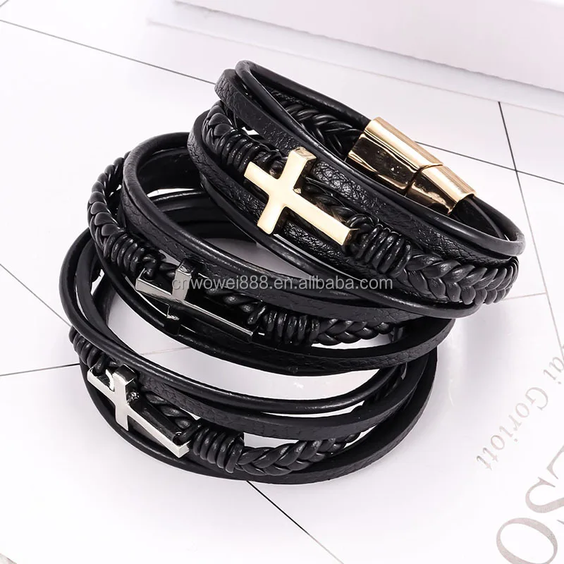 Wowei Classics Punk Cross Handmade Braided Leather Rope Bracelet