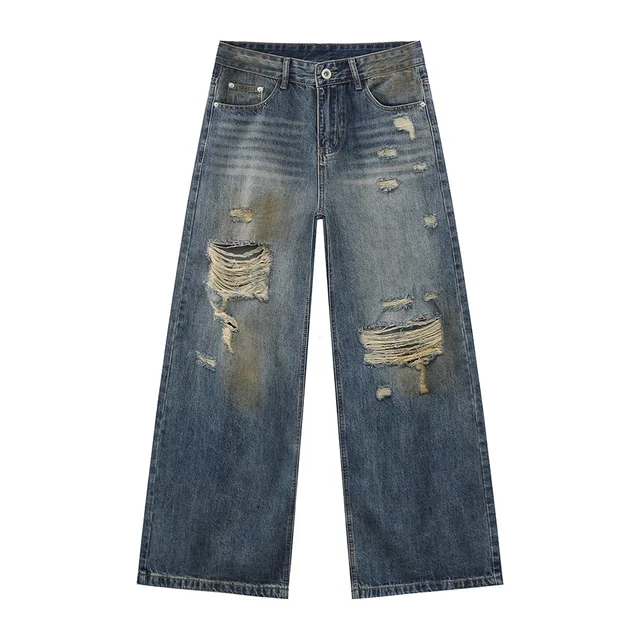 MTLCLOTHES Men's Four Seasons Casual Straight Leg Jeans American Style Retro Wide Leg Denim Old and Dirty Dye Wear Trend