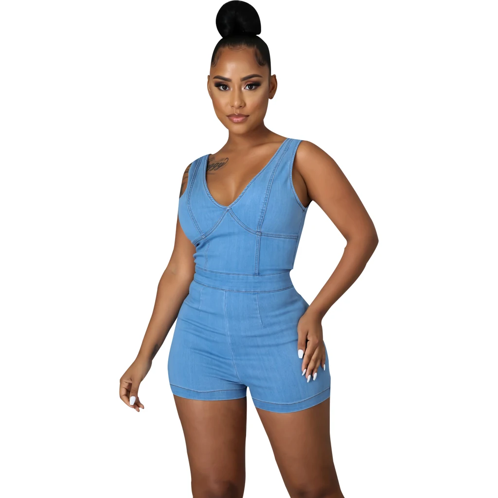 V Neck Sleeveless Denim Jumpsuits