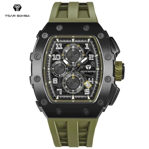 TSAR BOMBA High Quality Mens Fashion Tonneau Watch with Seiko Movement Silicone Band