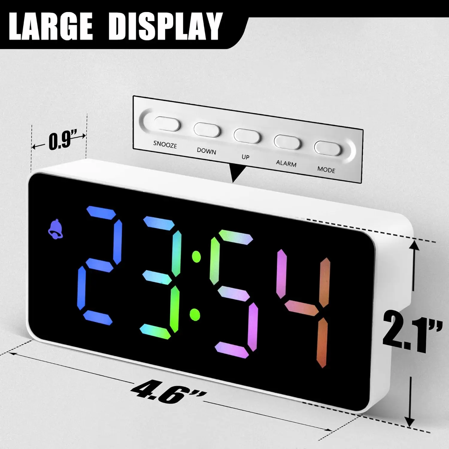 Rainbow Colored Large Number Bold Digit Adjustable Back Light Easy Operation LED Digital Alarm Clock
