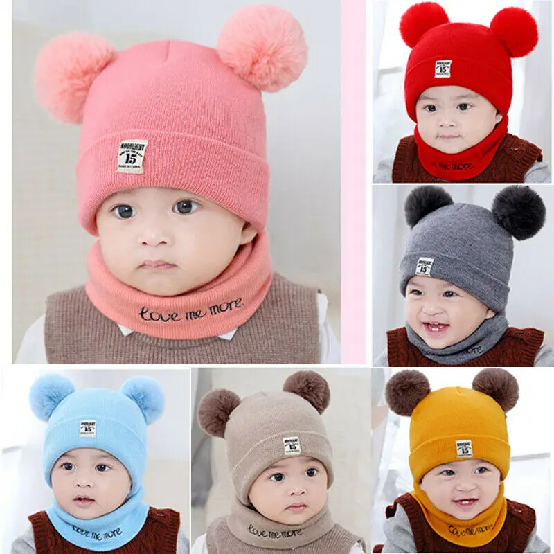 SUNSIOM Newborn Kids Baby Boy Girl Pom Hat Winter Warm Knit Bobble Beanie Cap Scarf Set, Infant Unisex, Size: One size, Red