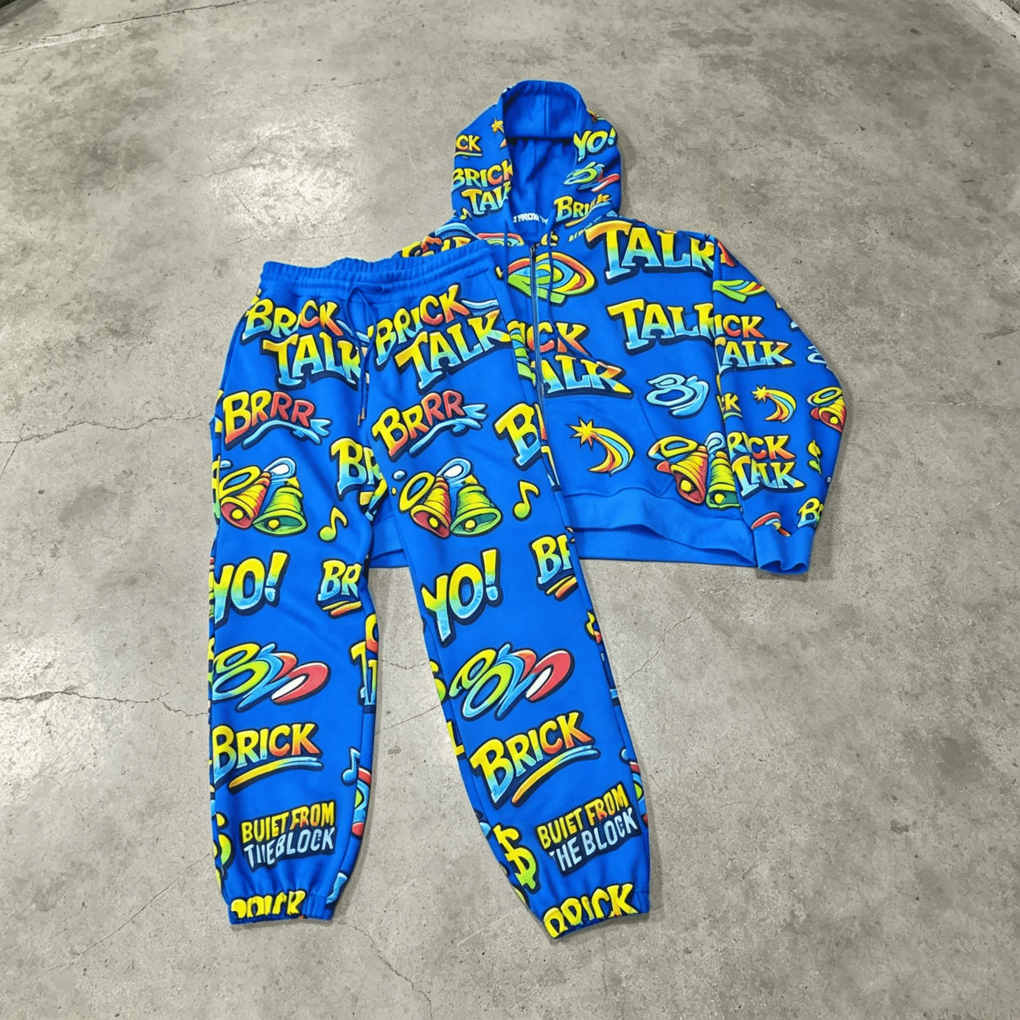 Wholesale Custom All Printed Men's American Street Bright Blue Loose Drawstring Casual Sports Set gallery 7